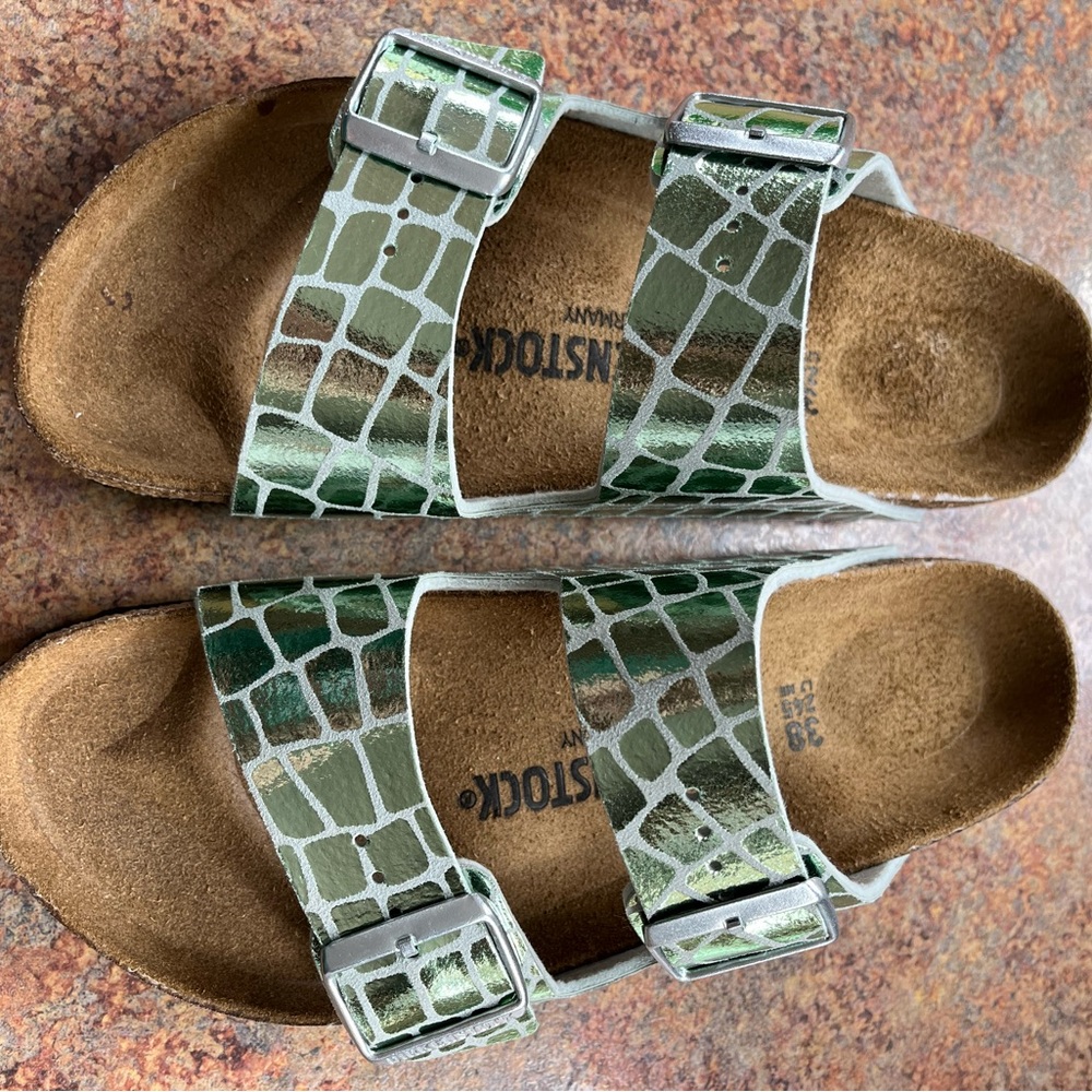 Birkenstock Green Metallic Croc-Print Arizona Sandals - Picture 6 of 9